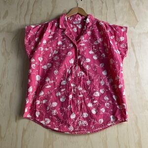 Vintage Picture Perfect Shirt Womens Med Pink Floral Button Up Short Sleeve Top